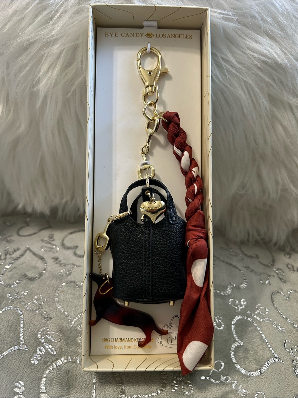 NWT Eye Candy Los Angeles 7” Black Mini Bag Charm with Red Braided Scarf